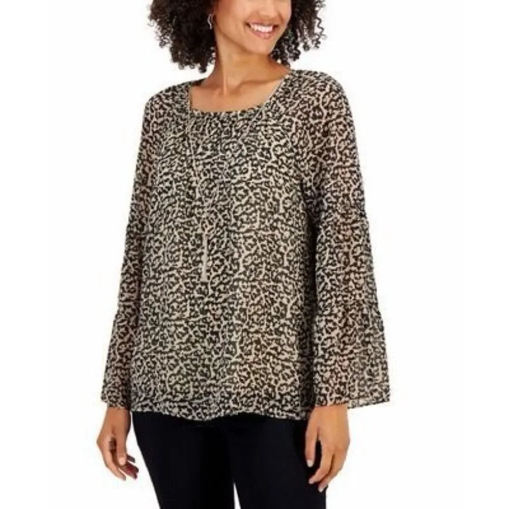 NWT JM Collection Leopard Print Blouse w/ Statement Tassel Necklace Size M - Picture 1 of 9